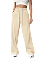 Detail of high waisted wide leg joggers in beige with white drawstring and pockets - S / Apricot