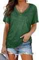 Detail van donkergroen T-shirt met V-hals, gemêleerde textuur en zijwaartse rimpels - S / Groen