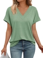 Sage green V-neck short sleeve T-shirt with folded cuffs and soft cotton blend fabric - S / Light Green