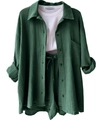Close-up detail of dark green crinkle fabric textures on casual long sleeve shirt and shorts - S / Top And Bottom / Dark Green