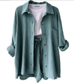 Detailed view of women's 3-piece set featuring textured dark green shirt and drawstring shorts - S / Top And Bottom / Aqua