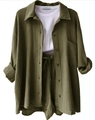Three-piece muslin set with olive green shirt, drawstring shorts and white ribbed tank top - S / Top And Bottom / Army Green