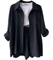 Detailed texture of black long sleeve shirt and drawstring shorts casual three-piece set - S / Top And Bottom / Dark Gray