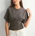 Detailed view of the gathered waist design on this charcoal grey crew neck t-shirt - XXS / Dark Gray