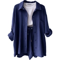 Three-piece dark blue leisure set with long-sleeved shirt, white top and drawstring shorts - S / Top And Bottom / Navy Blue