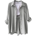 Three-piece lounge set with long sleeve button shirt, drawstring shorts, and white tank top - S / Top And Bottom / Light Gray