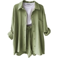Olive green three-piece loungewear set with long-sleeve shirt, vest and drawstring shorts - S / Top And Bottom / Light Green