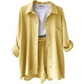 Ginger yellow three-piece leisure set with long sleeve shirt, tank top and drawstring shorts - S / Top And Bottom / Yellow