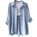 Women's light blue 3-piece loungewear set with long sleeve shirt and drawstring shorts - S / Top And Bottom / Light Blue