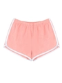 Detailansicht der pfirsichrosa Sportshorts mit weißer Paspelierung und Gummizug im Bund - M / Rosa