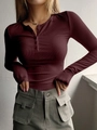 Close-up of ribbed texture and buttoned henley neckline on burgundy long sleeve top - S / Burgundy