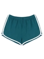 Detaillierte Flachbild-Ansicht blauer Sportshorts mit weißer Paspelierung und Gummizug - XS / Grün