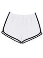 Nahaufnahme der weißen Sport-Shorts mit schwarzer Kontrastpaspel und elastischem Taillenbund - XS / Cremeweiß