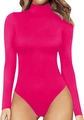 Detailed close-up of vibrant pink long sleeve bodysuit with elegant high turtleneck design - S / Rose Red