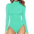Slim fit long sleeve bodysuit for women in vibrant mint green with high neck design - S / Emerald Green