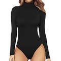 Slim fit long sleeve black bodysuit with high neck and thong bottom for women - S / Black