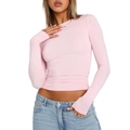 Detail view of the slim fit pink long-sleeved T-shirt with a round neck and soft texture - XS / Pink