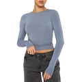 Slim fit long sleeve round neck T-shirt for women in dusty blue cotton fabric - XS / Light Blue
