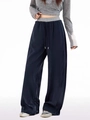 Women high waist wide leg navy blue drawstring sweatpants with side stripe detail - S / Navy Blue