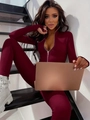 Slim fit dark red zip-up jumpsuit with stand collar and thumbhole sleeves for yoga - S / Burgundy