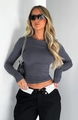Close-up of slim fit dark grey long sleeve t-shirt with ribbed knit texture and crew neck - XS / Dark Gray