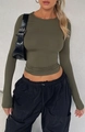 Detail of olive green slim fit long sleeve crop top with ribbed knit texture - XS / Army Green