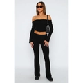 Black two-piece set featuring off-shoulder long sleeve top and flared athletic pants - XS / Black