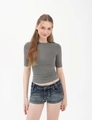 Close-up of slim fit grey crew neck T-shirt paired with washed denim shorts - XS / Gray