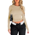 Detail of slim fit long sleeve khaki t-shirt with high elasticity fabric on model - XS / Apricot