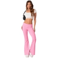 Detail of high-waisted hot pink flared yoga pants with elastic waistband and wide hem - XS / Deep Pink