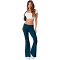 Detail of teal blue high waist flared pants showing the soft texture and stretch fabric - XS / Dark Blue