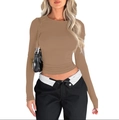Slim fit long sleeve crew neck T-shirt in tan brown color paired with black cargo pants - XS / Khaki