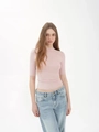 Slim fit pink mock neck ribbed knit top paired with vintage wash jeans for women - XS / Pink