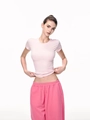 Slim fit light pink short sleeve T-shirt for women with a round neck in a minimalist style - Pink