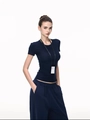 Slim fit dark blue short sleeve T-shirt and matching jogger pants sports set for women - Navy Blue
