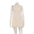 Beige sleeveless mini dress with standing collar and front zipper closure for women - S / Khaki