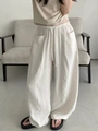 Women's high waist cotton linen wide leg trousers with elastic drawstring waist in beige - S / White