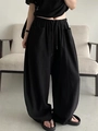 Women's black casual wide-leg trousers with elastic drawstring waist and textured fabric - S / Black