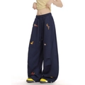 Navy blue wide-leg sweatpants featuring colorful embroidered dachshund patterns for women - S / Gray