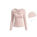 Slim fit light pink long sleeve top featuring a chic draped cowl neck design - S / Pink