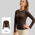 Top da yoga a maniche lunghe color caffè per donna con vestibilità sportiva slim - Taglia S / Top / Caffè
