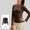 Slim fit coffee brown long sleeve yoga top and athletic t-shirt for women's fitness - S / Tops / Coffee