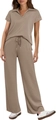 Women's summer two-piece leisure set in khaki featuring short sleeves and wide-leg pants - XS / Brown