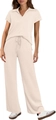 Women's casual two-piece lounge set in beige with short sleeves and wide-leg trousers - XS / Apricot