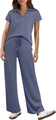 Women's two-piece casual set with polo collar short sleeves and wide leg pants in grey blue - XS / Sea Salt