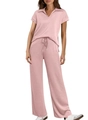 Women's casual dusty pink two-piece set featuring short sleeve polo top and wide-leg pants - XS / Pink