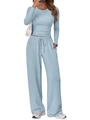 Detail of light blue ribbed long sleeve top and wide leg trousers with side pockets - Sky Blue