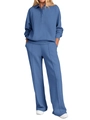 Detail of blue two-piece lounge set featuring a polo collar and front seam trousers - S / Blue