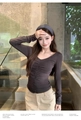 Close-up of ruched front detail on coffee brown slim fit long sleeve v-neck top - One Size / Dark Gray
