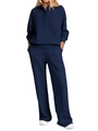 Detail of navy blue polo top and wide-leg trousers with front seam in knit fabric - S / Navy Blue